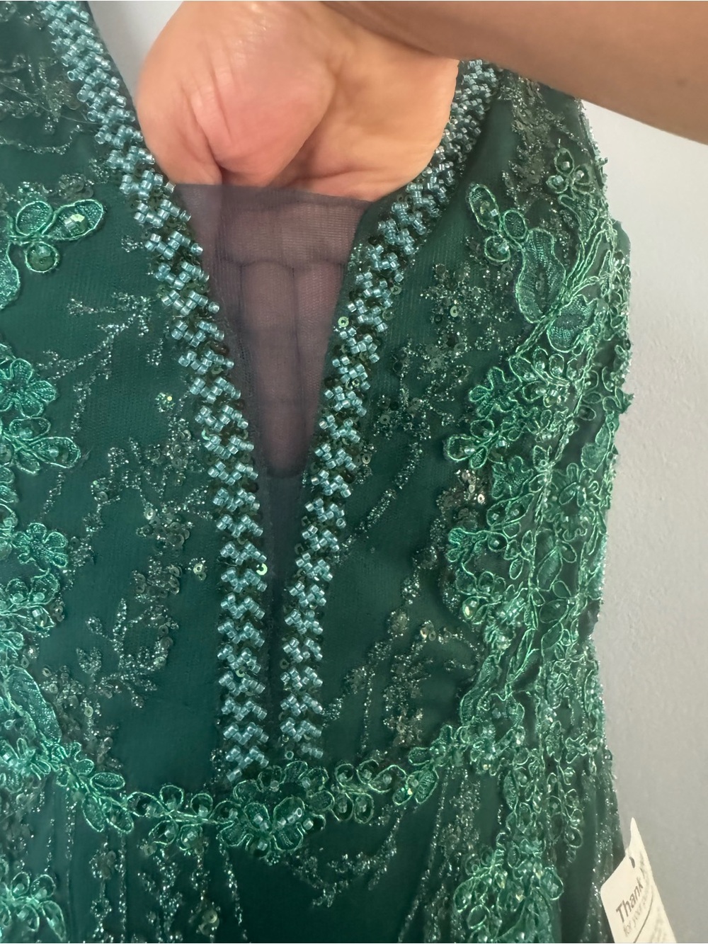 Beaded Deep Green V-Neck Formal Evening Gown - Picture 5 of 8